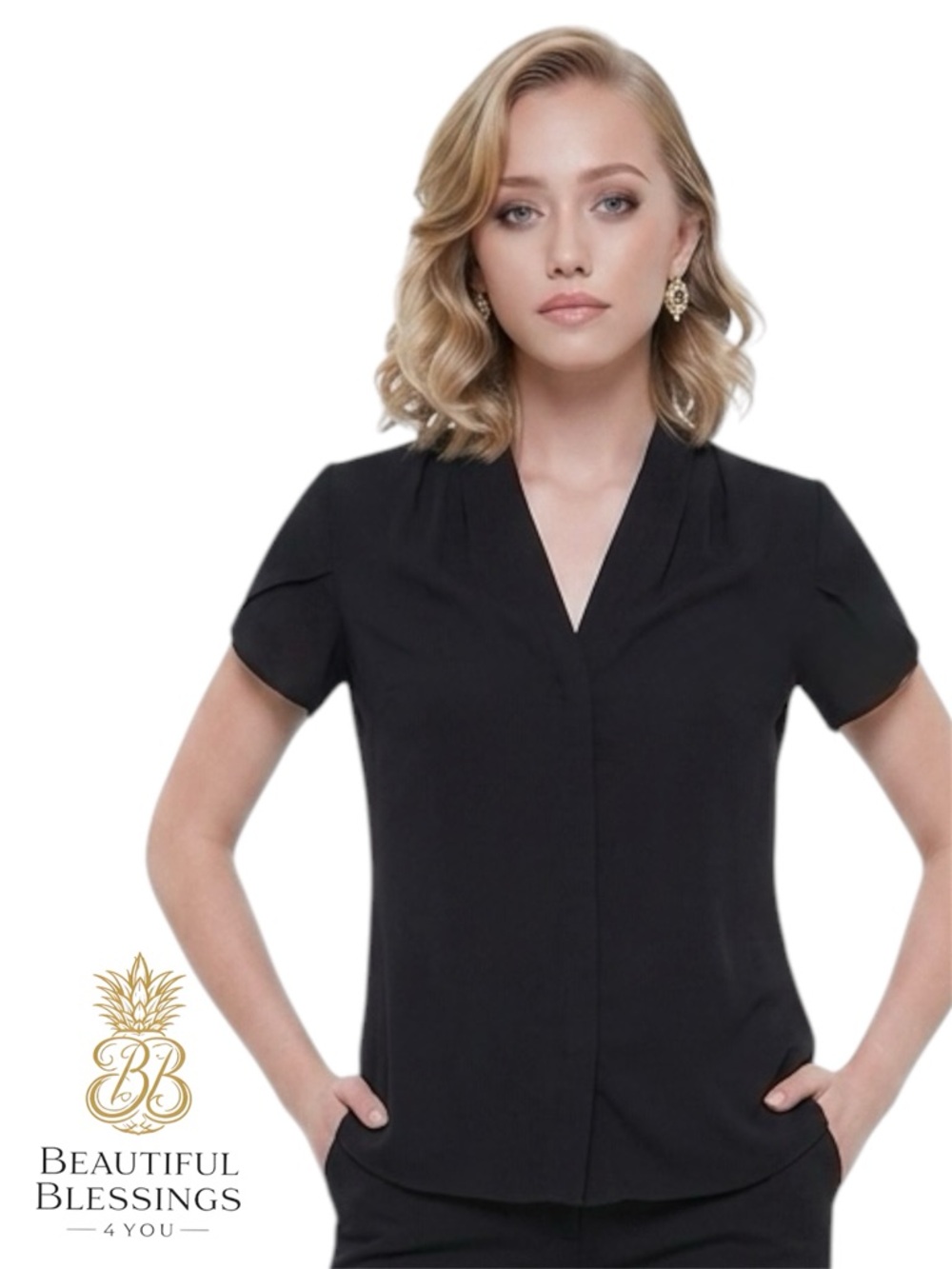 Calvin Klein Black V-Neck Short Sleeve Women’s Blouse Size Medium